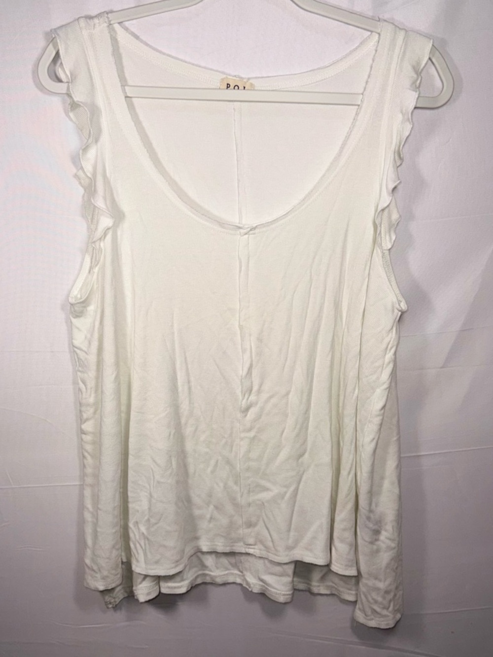 POL Women Ribbed White Ruffle Sleeve Scoop Neck Tank Top Size Large